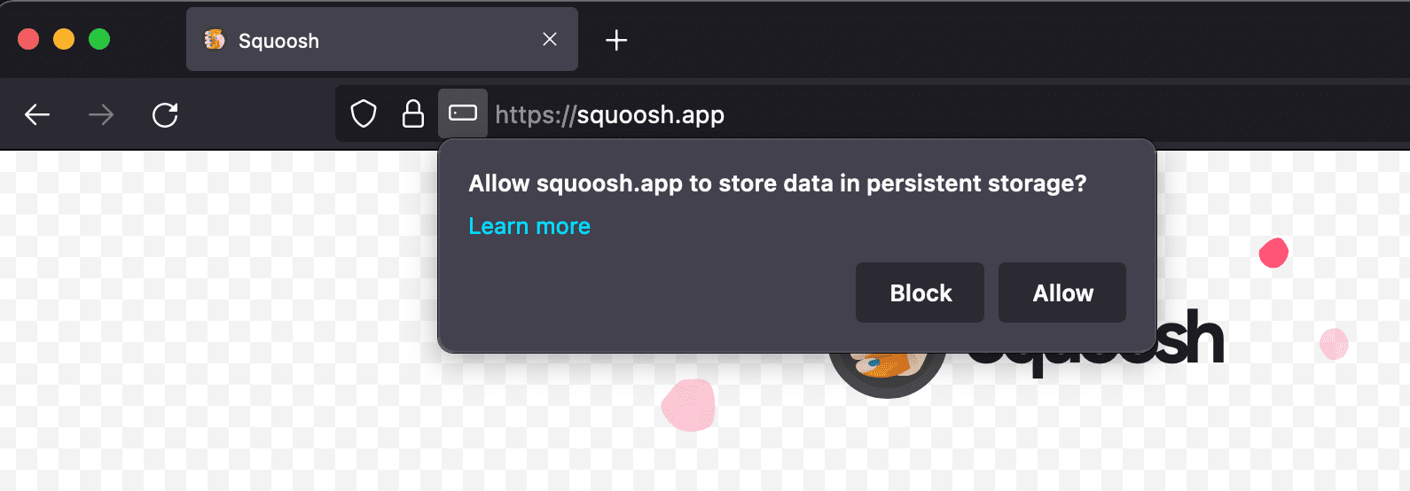 Mozilla Firefox asking the user for storage persistence permission.