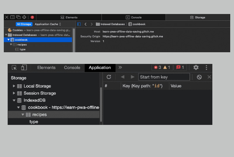 IndexedDB 콘텐츠를 보여주는 Safari와 Chrome