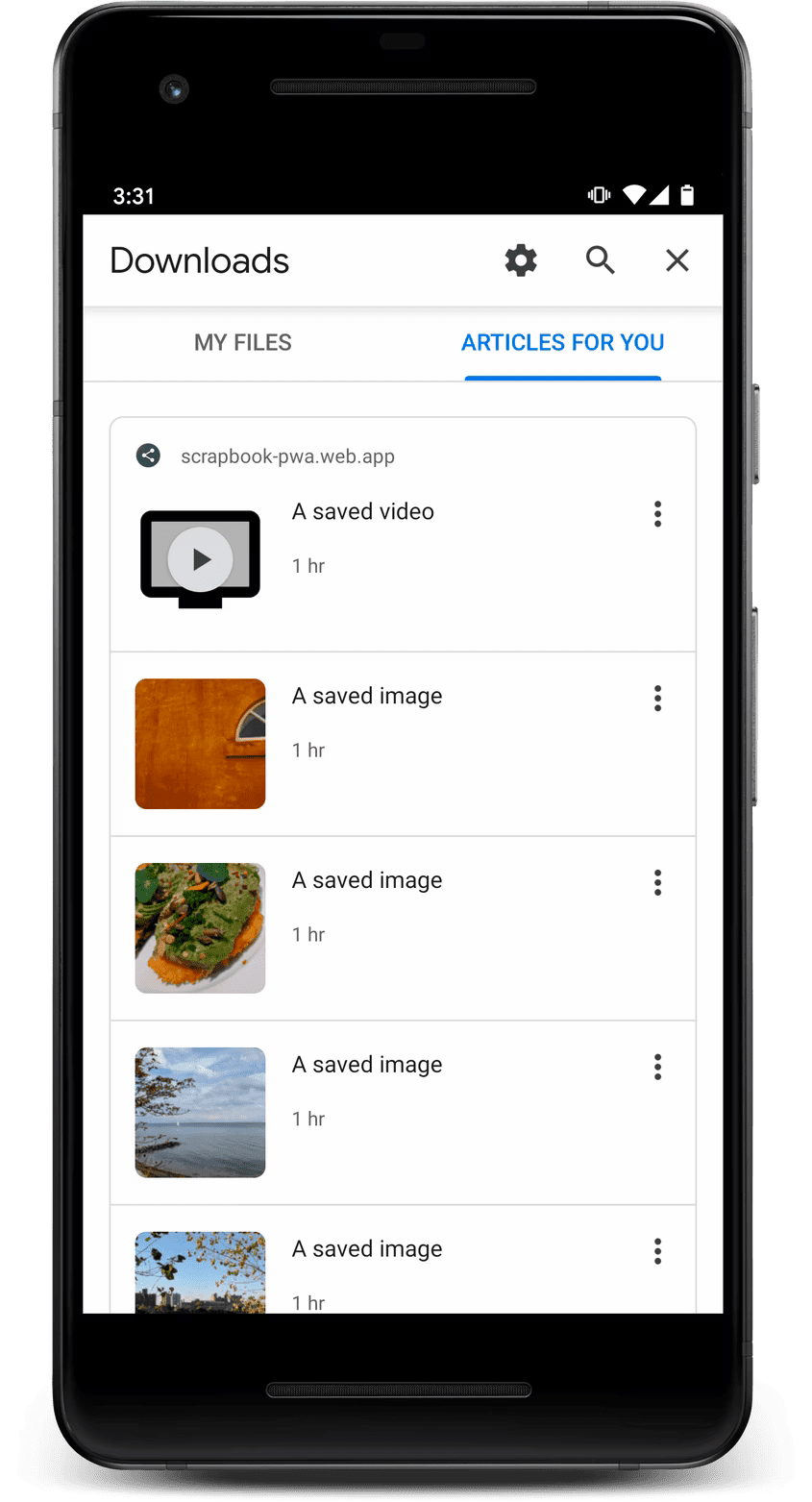 Android용 Chrome에서 사용할 수 있는 콘텐츠 색인 생성 API 결과입니다.