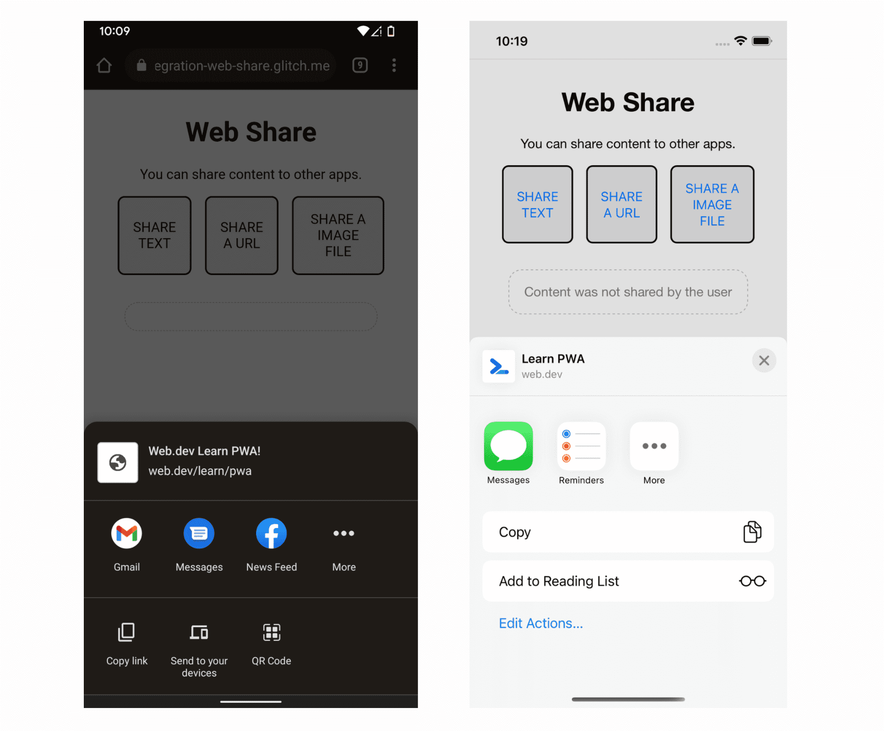 Chrome en Android y Safari en iOS abriendo la hoja compartida gracias a Web Share.