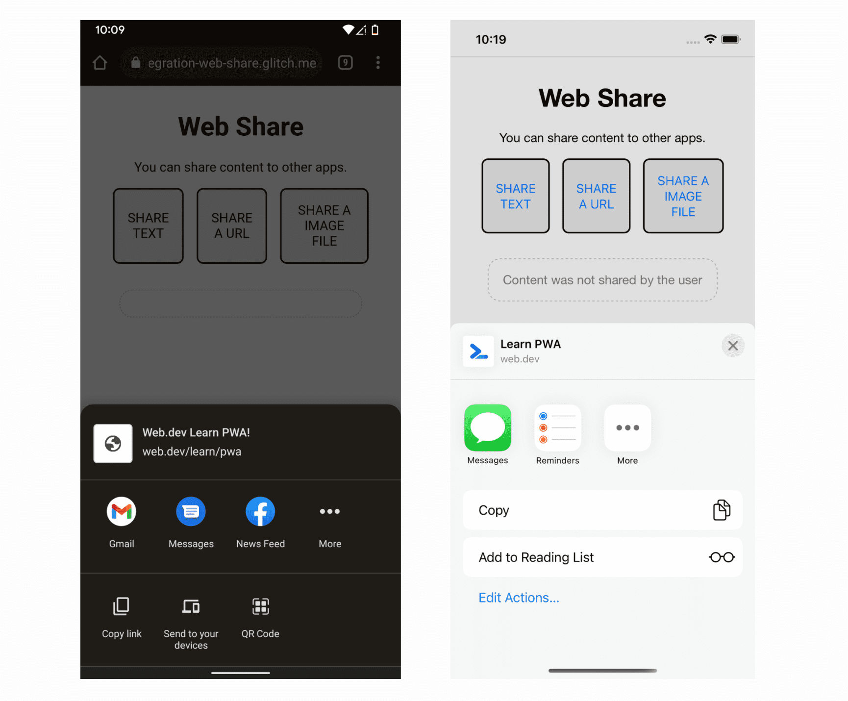 Chrome no Android e Safari no iOS abrindo a planilha &quot;Compartilhar planilha&quot; graças ao recurso &quot;Compartilhar na Web&quot;.