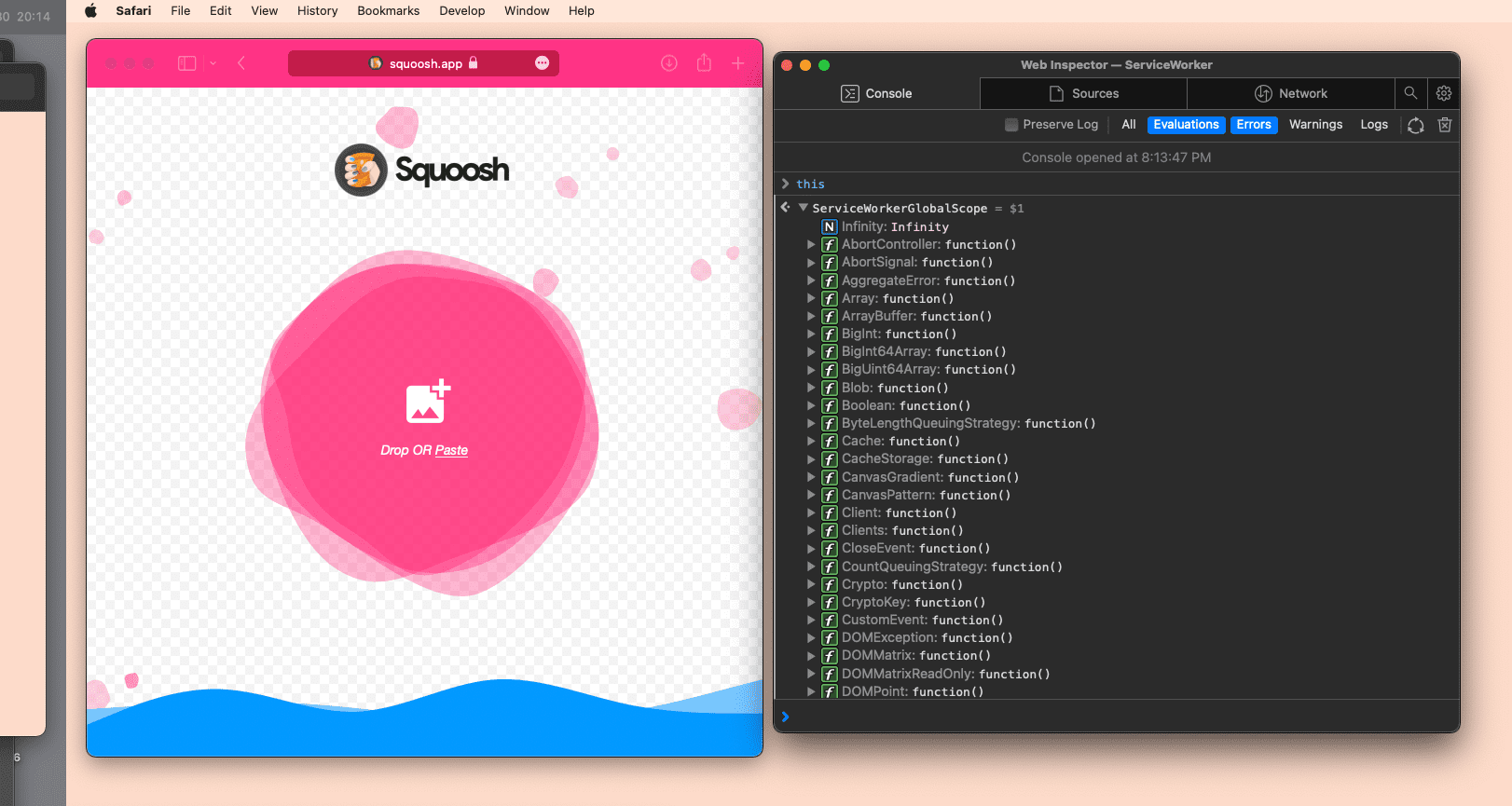Un inspecteur Web de service worker provenant d'une PWA dans Safari