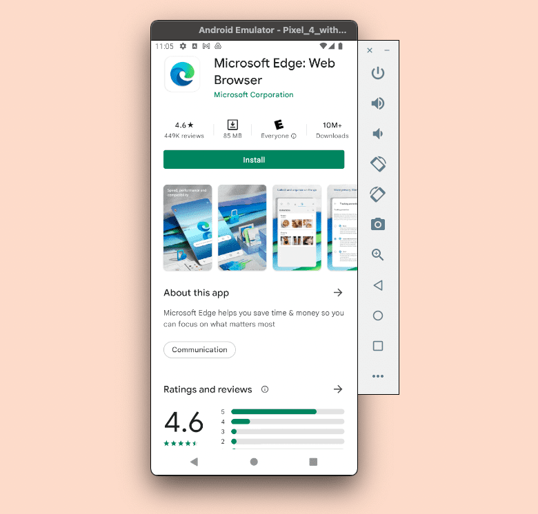 Android 模擬器會從 Play 商店安裝 Microsoft Edge。