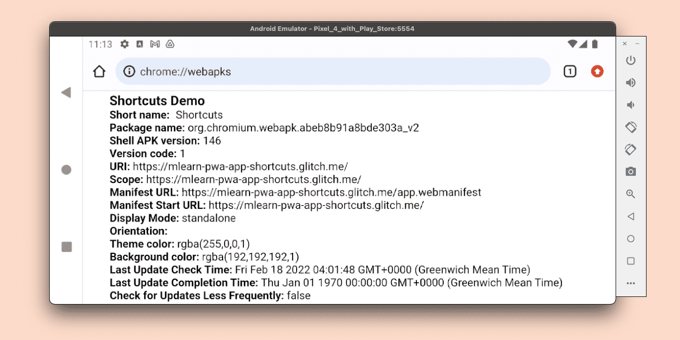 Android に表示された Google Chrome WebAPK のデバッグ画面。