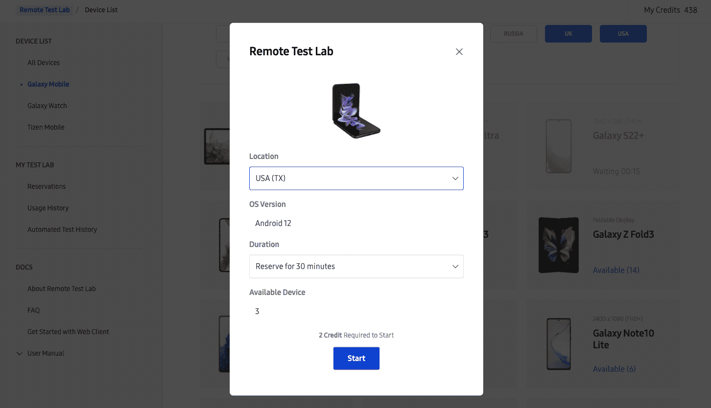 Remote Test Lab from Samsung with a foldable phone.