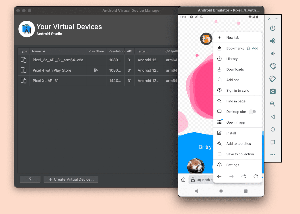 AVD Manager dengan perangkat Virtual Android yang menjelajahi situs