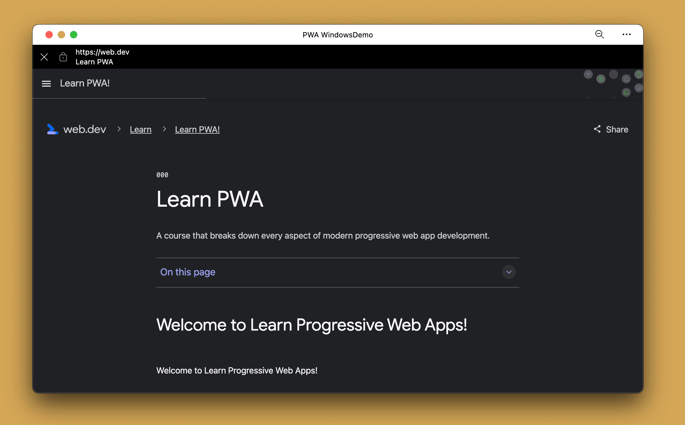 Браузер в приложении на настольном PWA при просмотре URL-адреса, выходящего за пределы области действия.