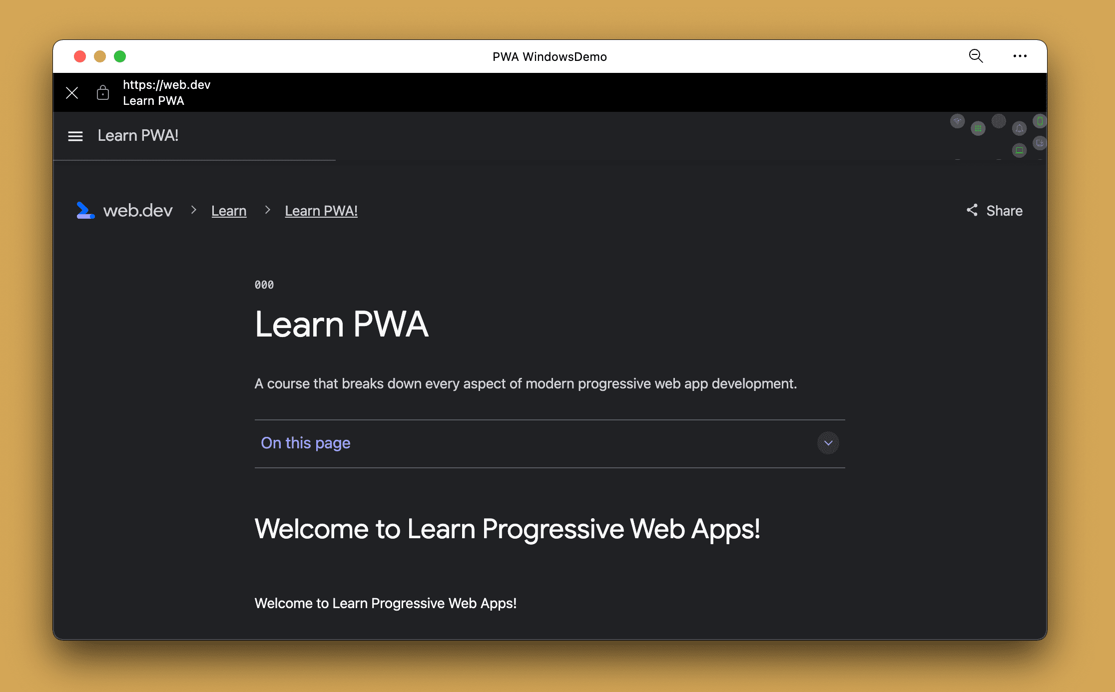 Przeglądarka w aplikacji na komputerowej aplikacji PWA podczas przeglądania adresu URL, który jest poza zakresem.