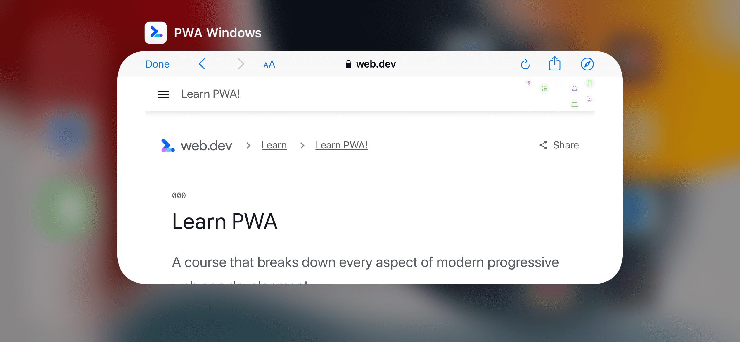 Một trình duyệt trong ứng dụng trên iPhone khi duyệt xem một URL nằm ngoài phạm vi của một PWA độc lập.