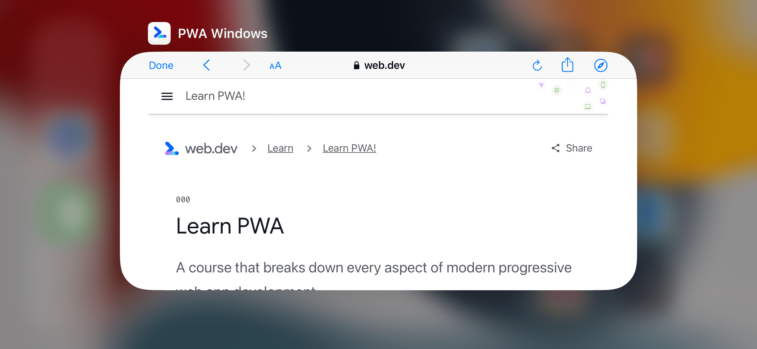 スタンドアロン PWA 内で範囲外の URL をブラウジングする際の iPhone のアプリ内ブラウザ。