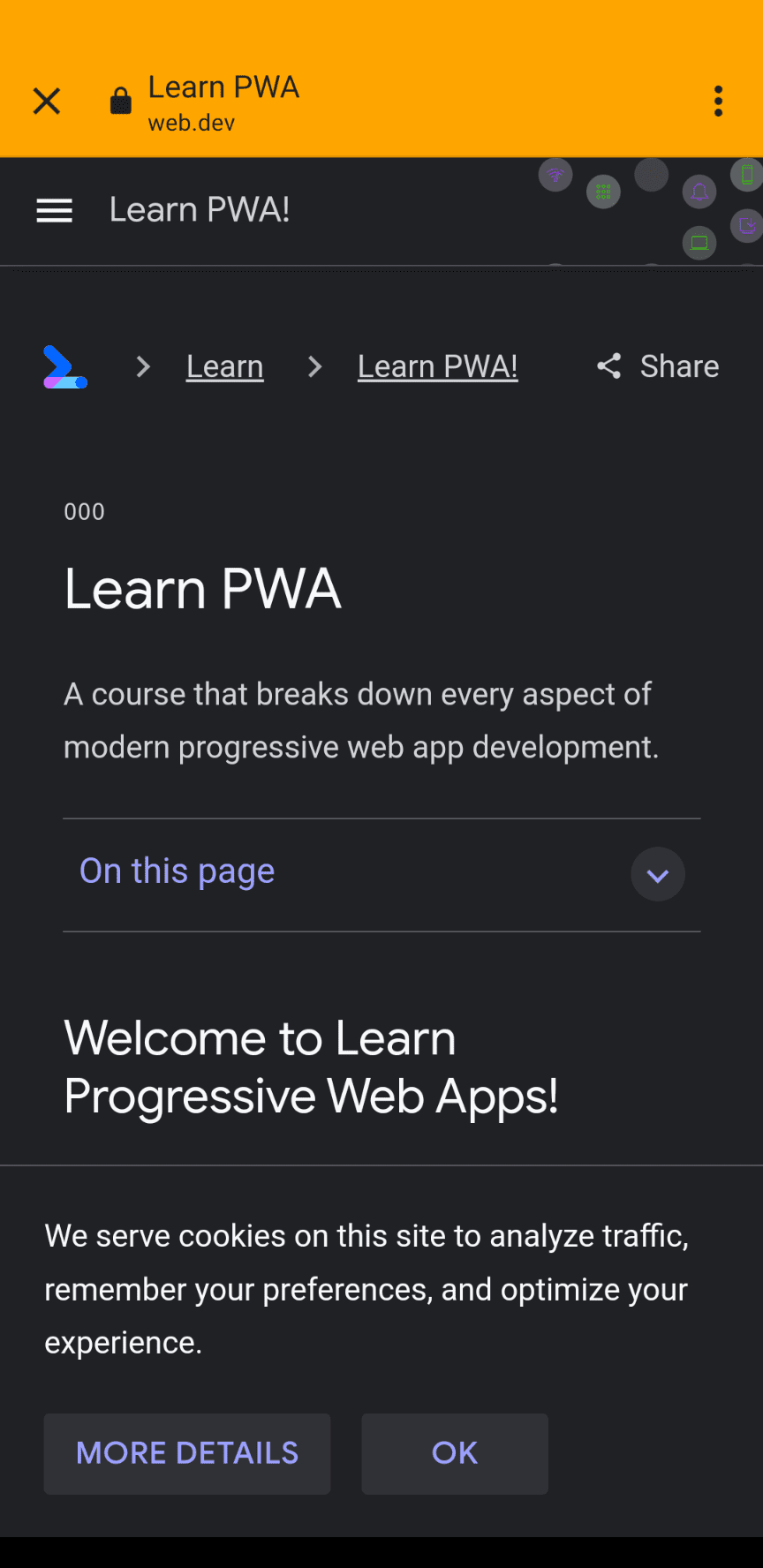 Một trình duyệt trong ứng dụng trên Android khi duyệt qua một URL nằm ngoài phạm vi trong một PWA độc lập.
