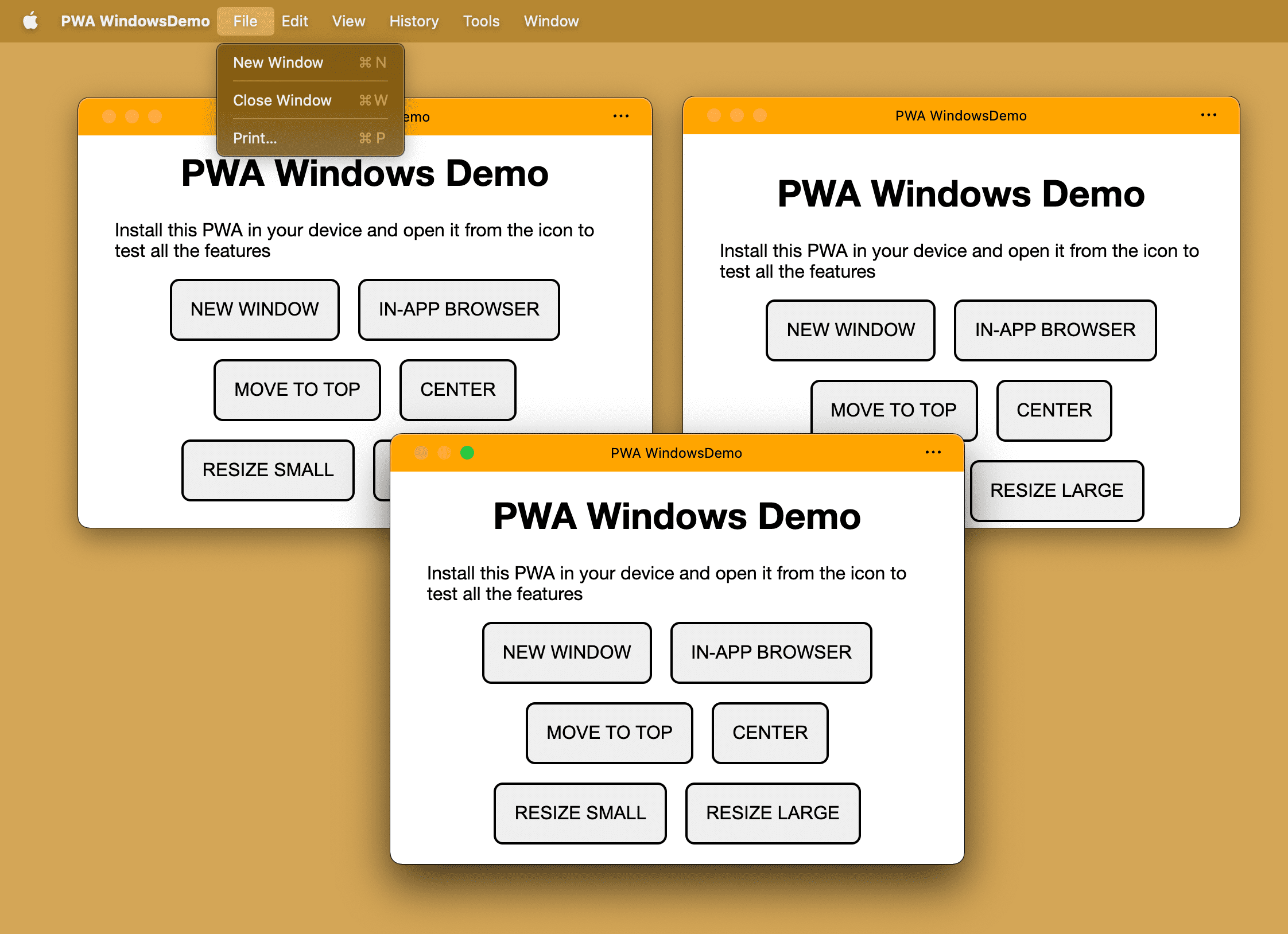 O mesmo PWA instalado com várias janelas abertas em um sistema operacional de desktop.