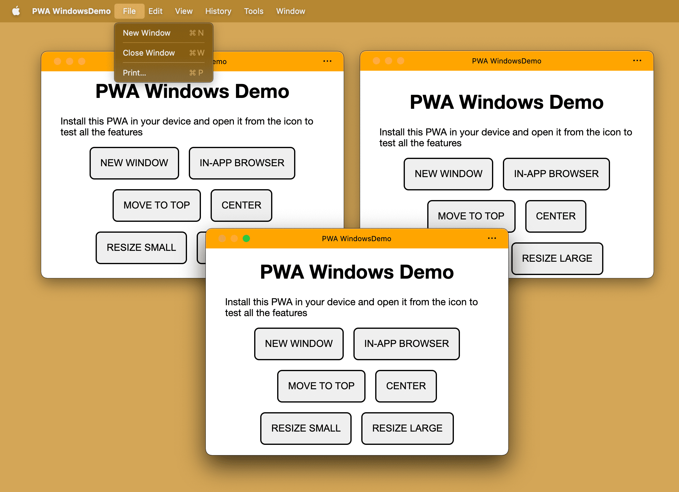 То же самое установленное PWA с несколькими открытыми окнами в настольной операционной системе.