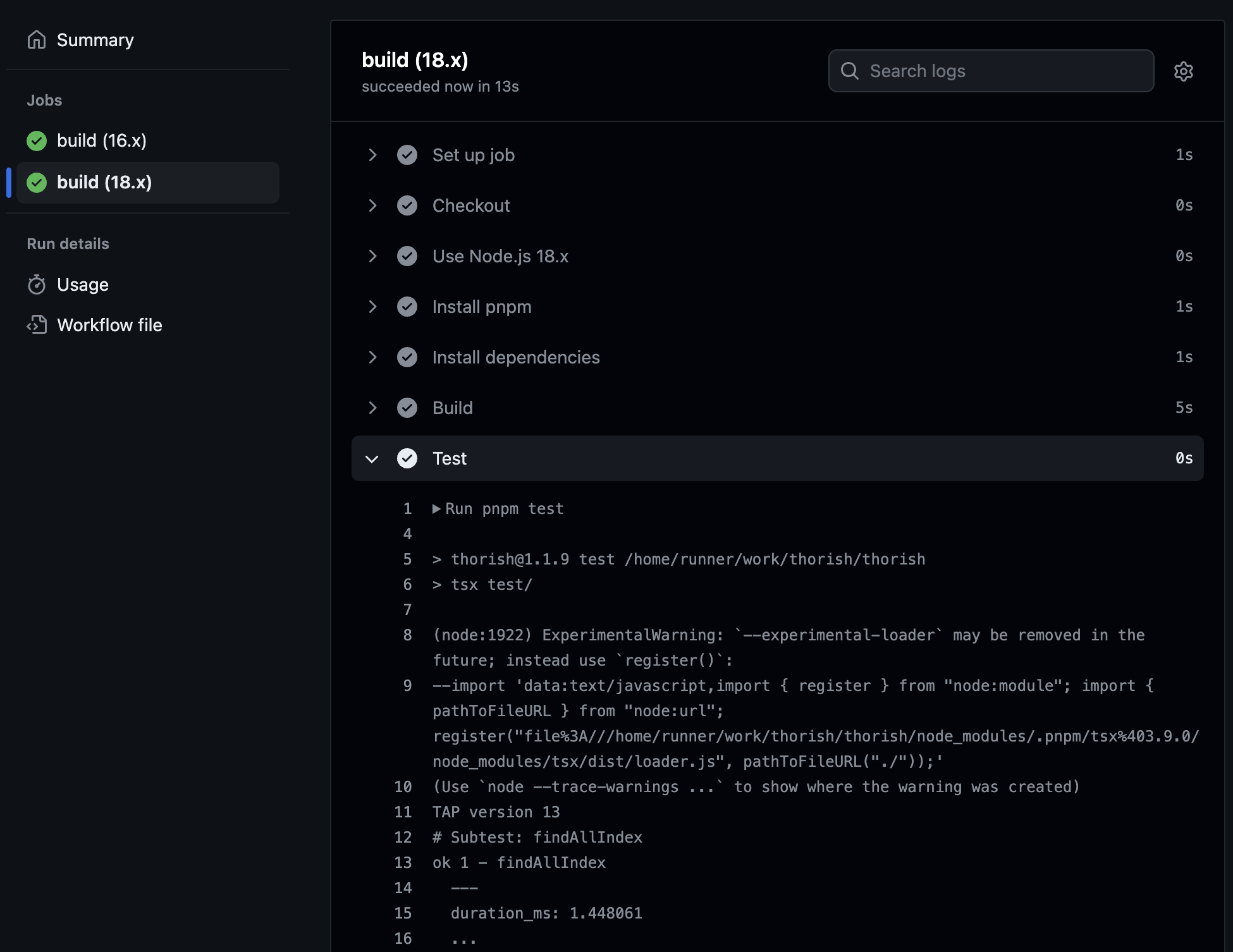Zrzut ekranu pokazujący proces testowy działań GitHub.