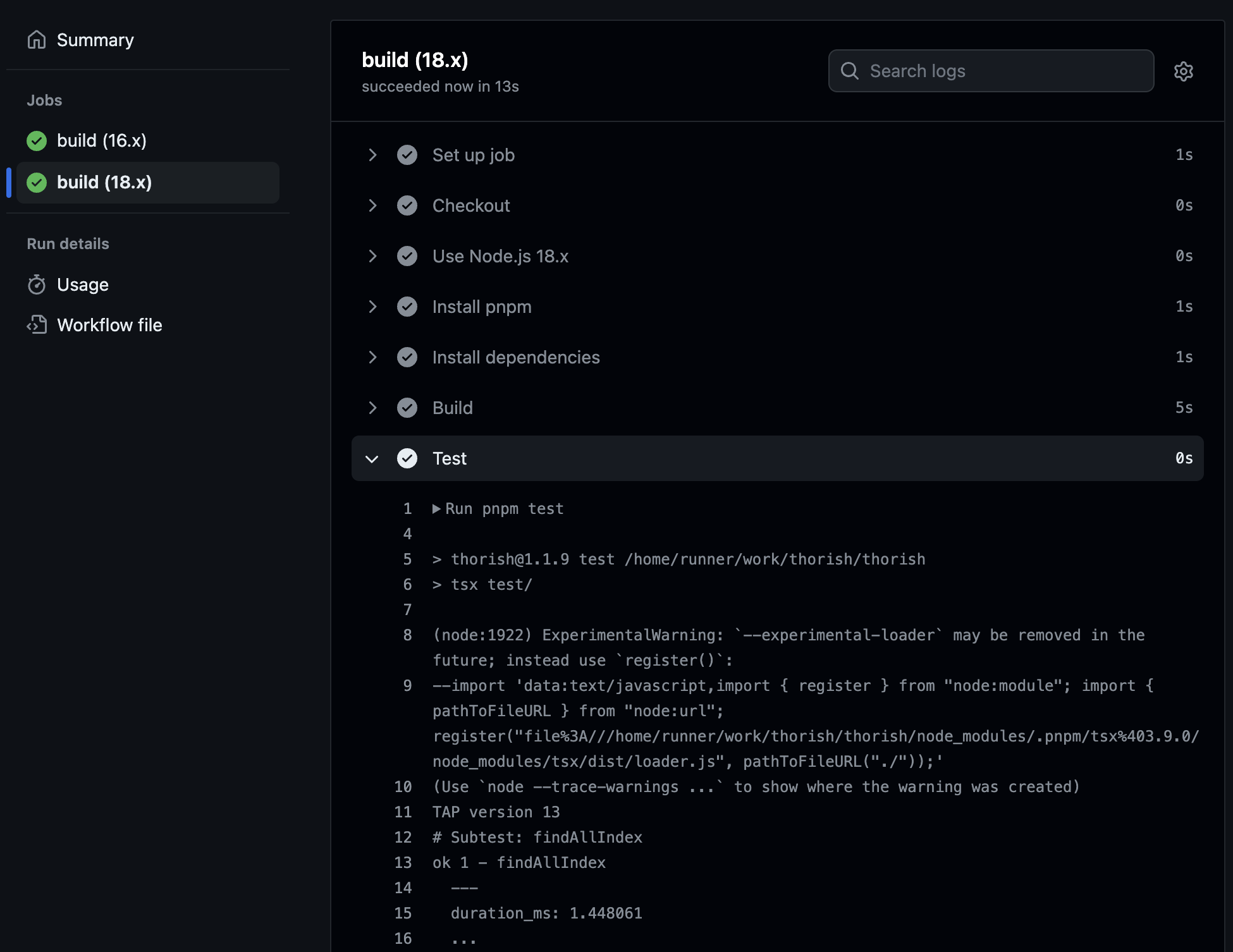 ภาพหน้าจอของกระบวนการทดสอบการดำเนินการของ GitHub