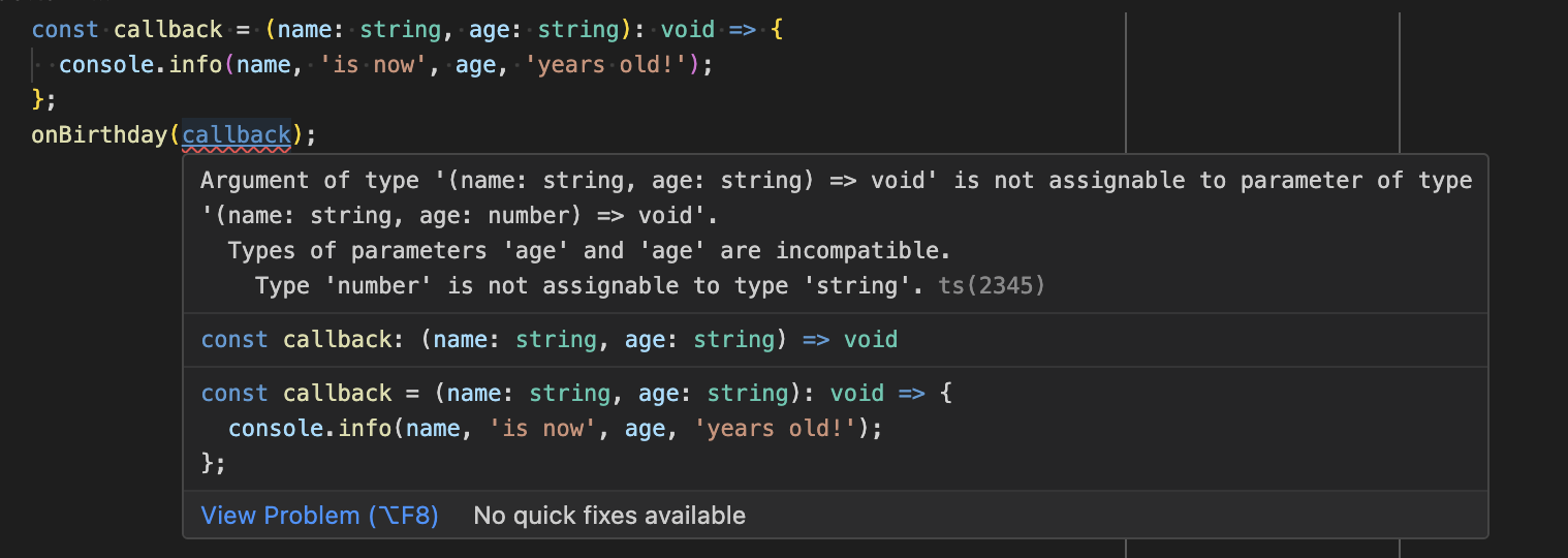 前の例のコードと IDE が、ポップアップにエラー メッセージとともに表示されます。